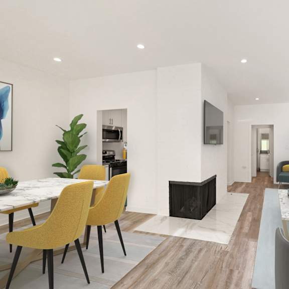 dining and living room with electric fireplace, vinyl flooring, and recessed lighting