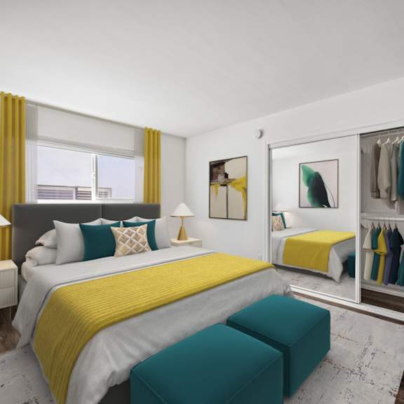 a bedroom with a bed, a bench, and a wardrobe with clothes.