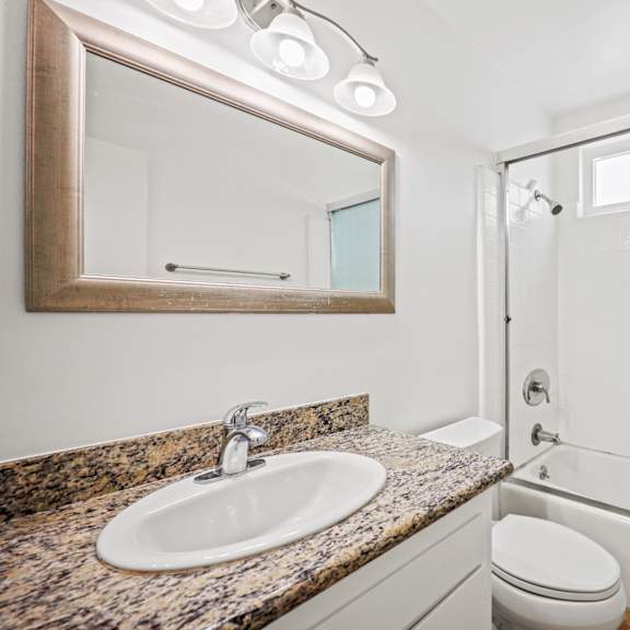 bathroom with shower bath with glass door and vanity cabinet storage