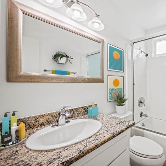 bathroom with shower bath with glass door and vanity cabinet storage