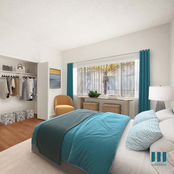 a bedroom with a bed and a closet