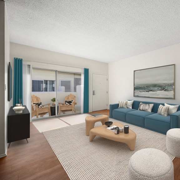 a living room with a blue couch