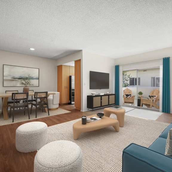 a living room with a couch and a table and a television