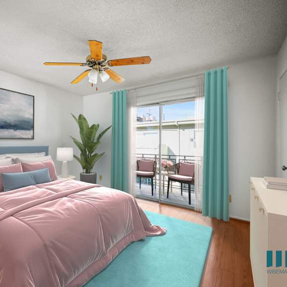 bedroom with mirrored closet, vinyl flooring, ceiling fan, and windows