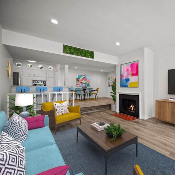 a modern living room with a fireplace and a television.