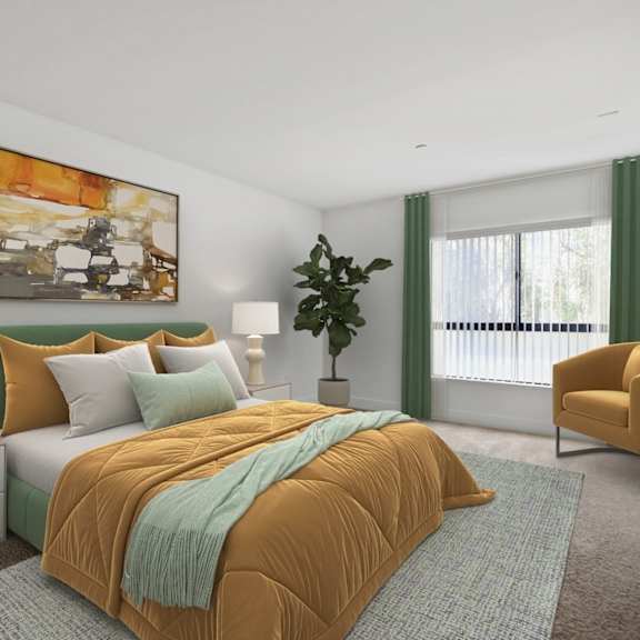 bedroom with carpet and large-size windows