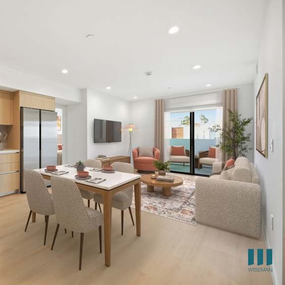 a modern kitchen with a dining table and chairs.