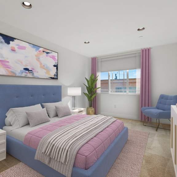 bedroom with recessed lighting and large-size windows