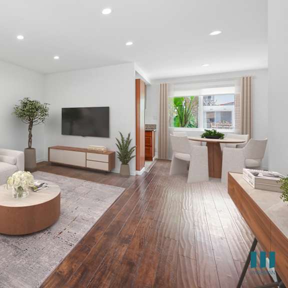 large-size living room, dining area, with vinyl flooring and recessed lighting