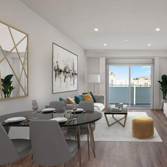 living room with recessed lighting, vinyl flooring, and patio