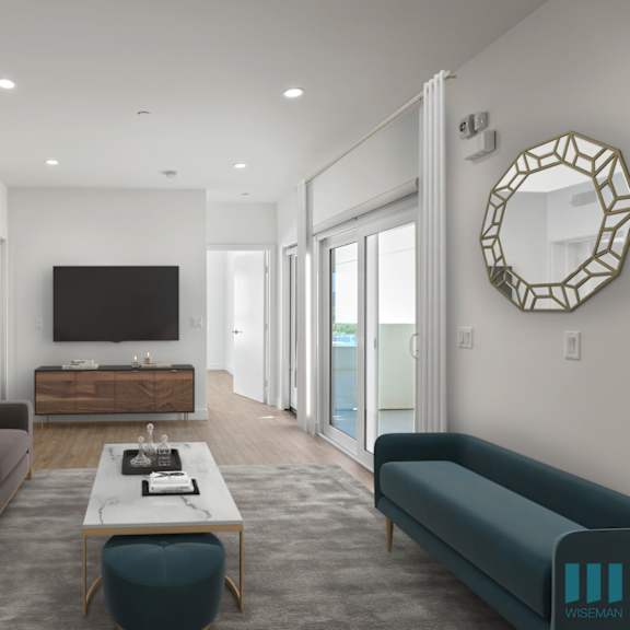 large-size living room with recessed lighting, vinyl flooring, and patio