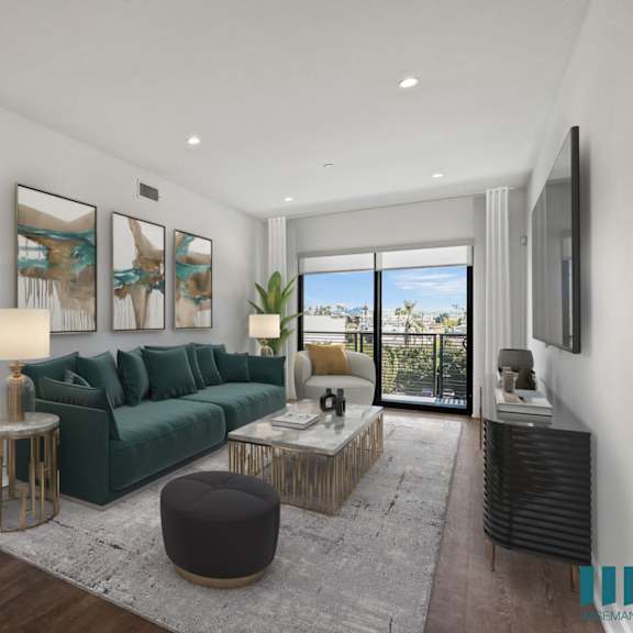 living room with recessed lighting, vinyl flooring, and patio