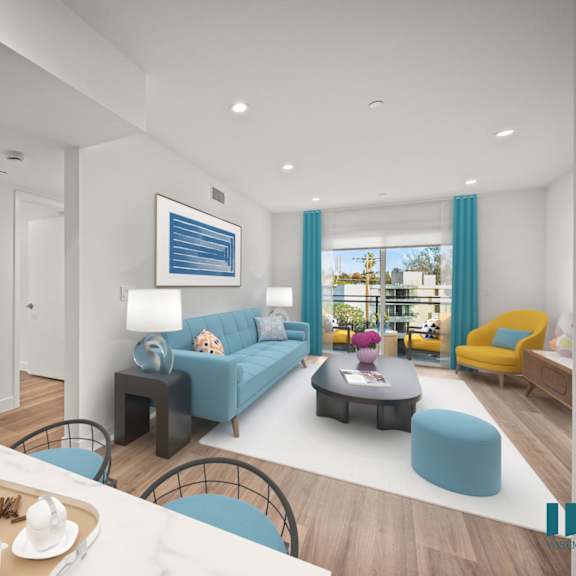 a modern living room with a dining table set for breakfast.