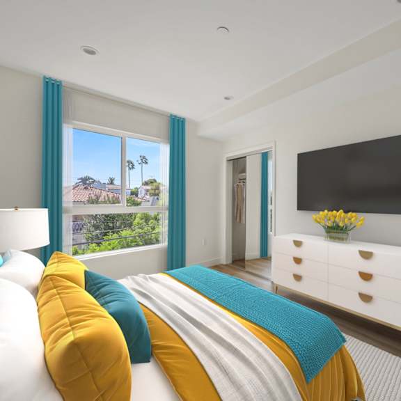 bedroom with large-size windows, vinyl flooring, walk-in closet, and bathroom
