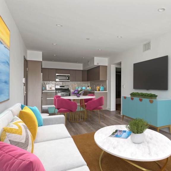 open-concept kitchen, dining, and living room space