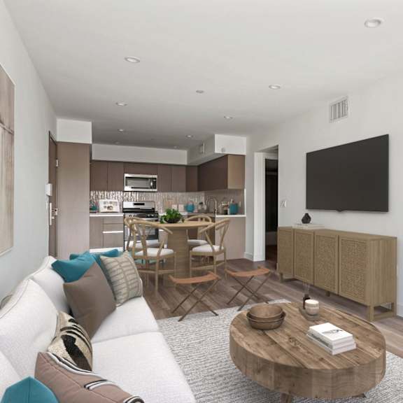 a living room with a couch and a table