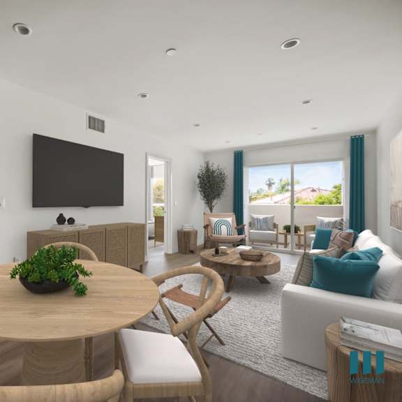 a living room and dining room with a table and chairs