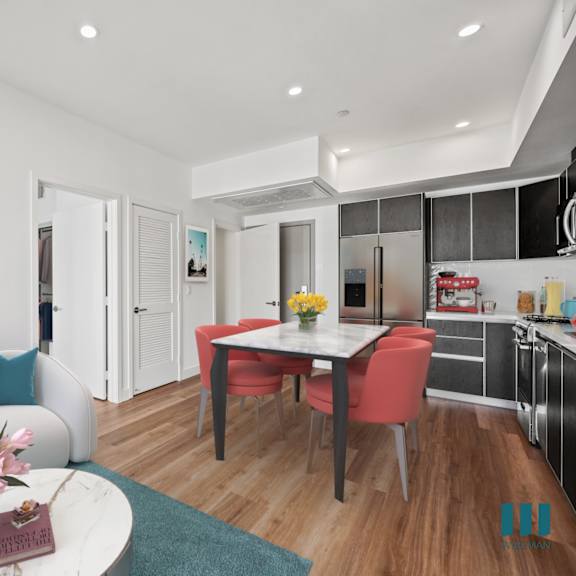 kitchen, dining, and living room with recessed lighting and vinyl flooring - dunn floor plan