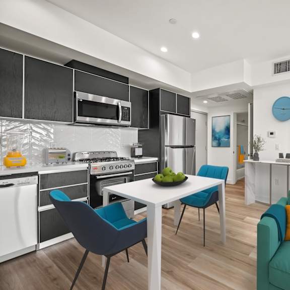 full-size kitchen, dining, and living room space with vinyl flooring and recessed lighting - overland floor plan