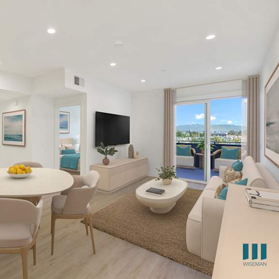 a modern kitchen with a dining table and chairs.