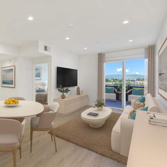 a modern kitchen with a dining table and chairs.