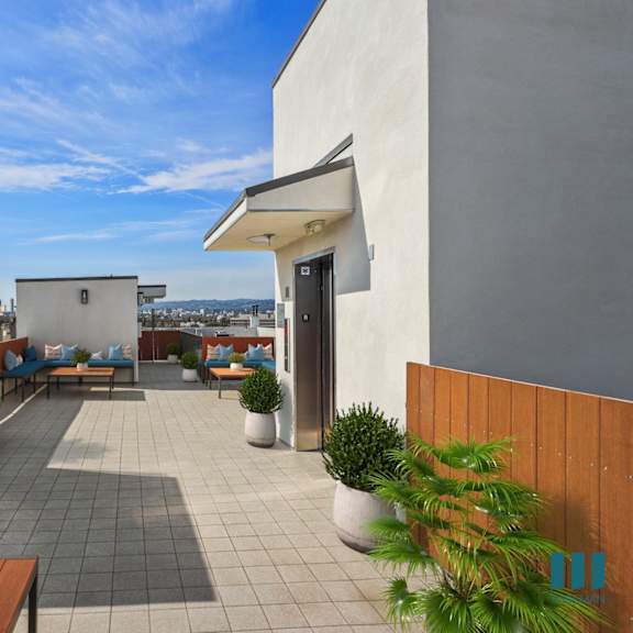 rooftop with views of the city at ogden garden by wiseman, los angeles, california