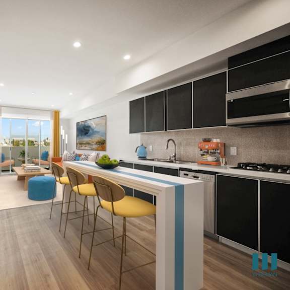 kitchen with bar stools at ogden garden by wiseman, los angeles, ca, 90036