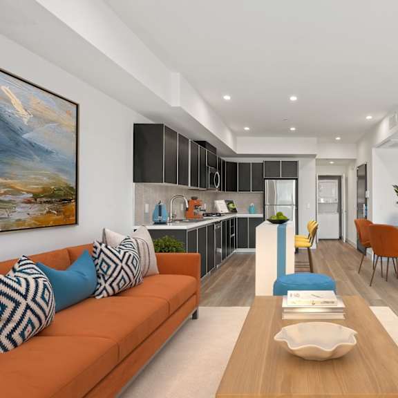living room with kitchen at ogden garden by wiseman, california, 90036