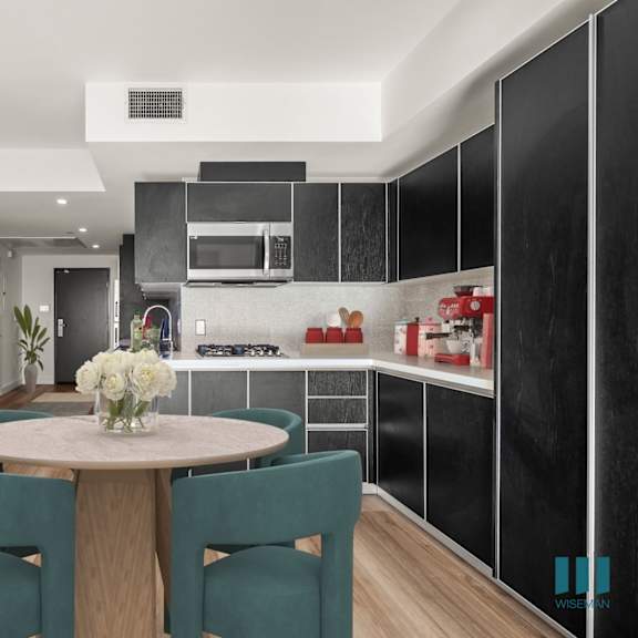kitchen with black appliances at ogden garden by wiseman, california, 90036