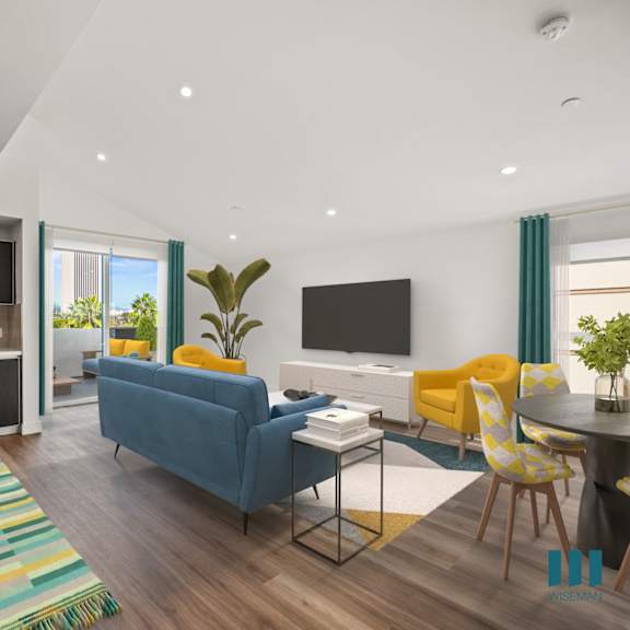 kitchen and living room at ogden garden by wiseman, los angeles