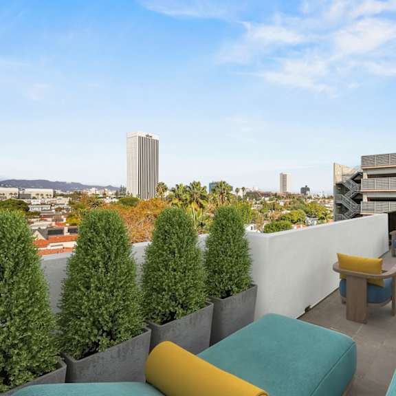 patio with fantastic views of the city at ogden garden by wiseman, los angeles, ca