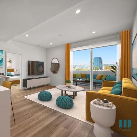 free-flowing layout with kitchen and living room at ogden garden by wiseman, los angeles, california