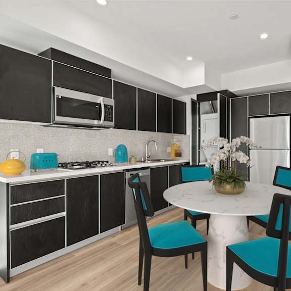kitchen and dining area at ogden garden by wiseman, los angeles