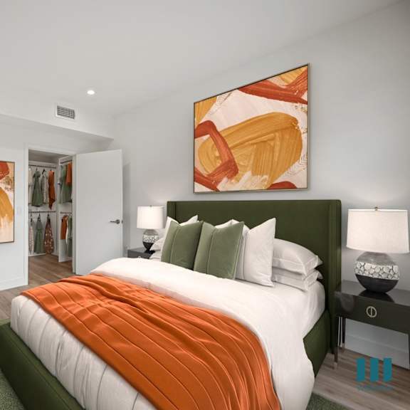 bedroom with walk-in closet at ogden garden by wiseman, los angeles, ca, 90036