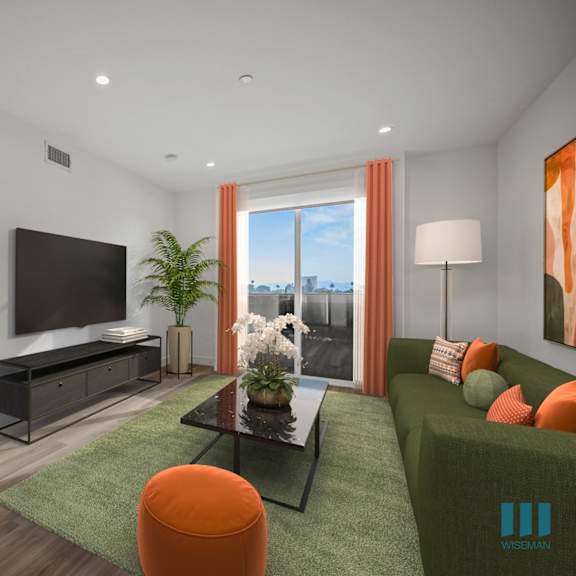 living room with a tv at ogden garden by wiseman, los angeles, california