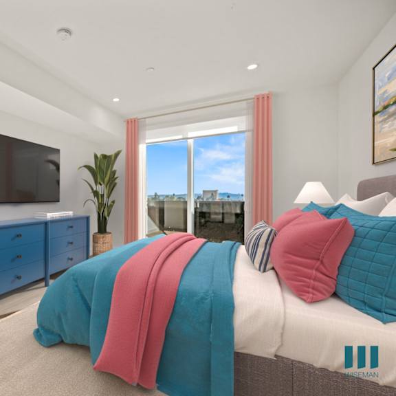 master bedroom with balcony at ogden garden by wiseman, los angeles
