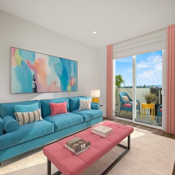 resort style living rooms at ogden garden by wiseman, los angeles, ca, 90036