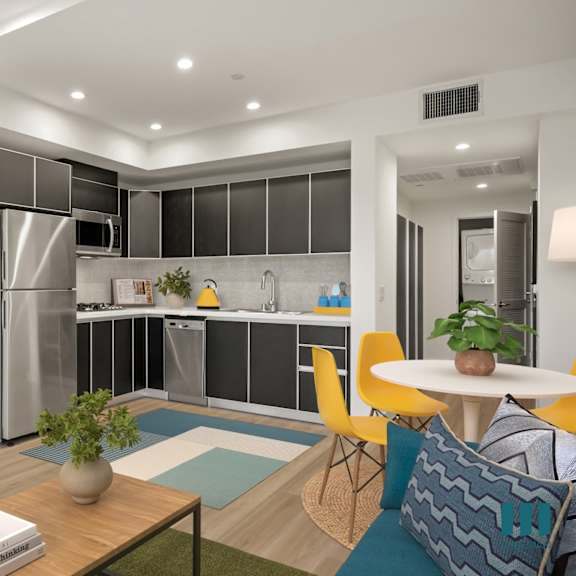 kitchen come living area at ogden garden by wiseman, los angeles