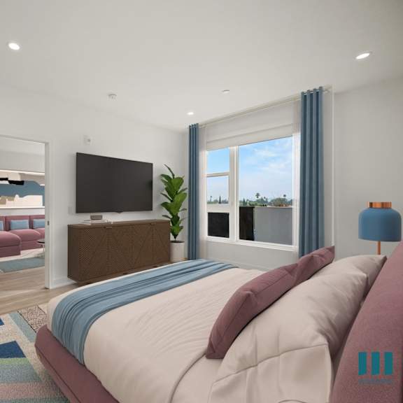 comfortable bedroom at ogden garden by wiseman, california, 90036