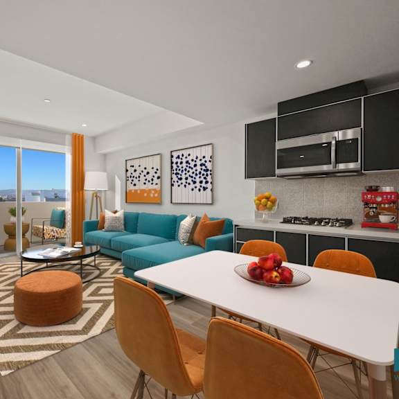 living room with expansive window at ogden garden by wiseman, los angeles, 90036