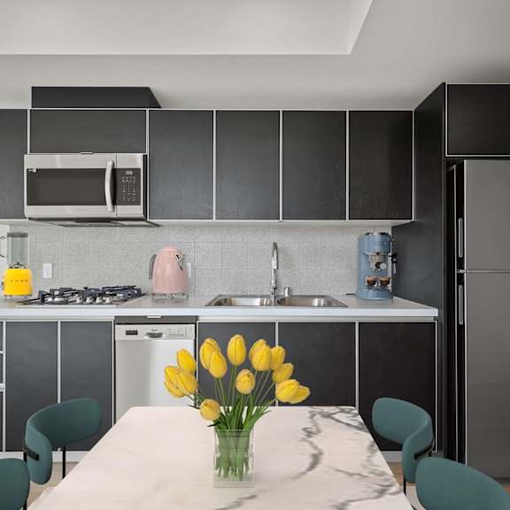 kitchen with microwave at ogden garden by wiseman, los angeles, ca, 90036
