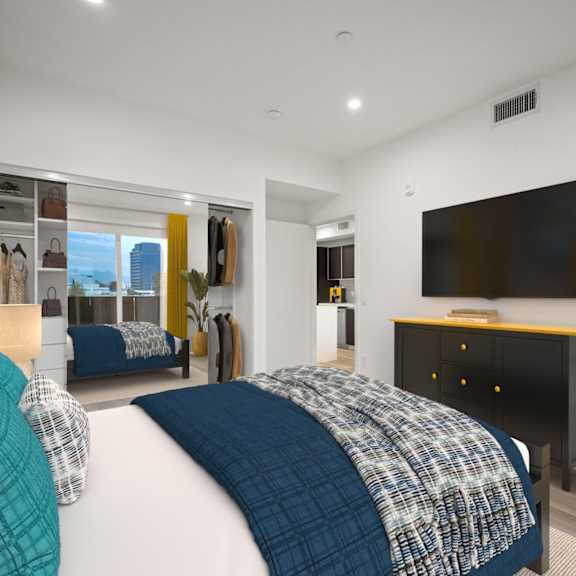 bedroom with built-in shelving at ogden garden by wiseman, california