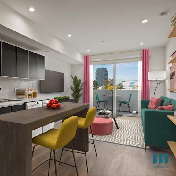 black appliances in kitchen at ogden garden by wiseman, los angeles, ca, 90036