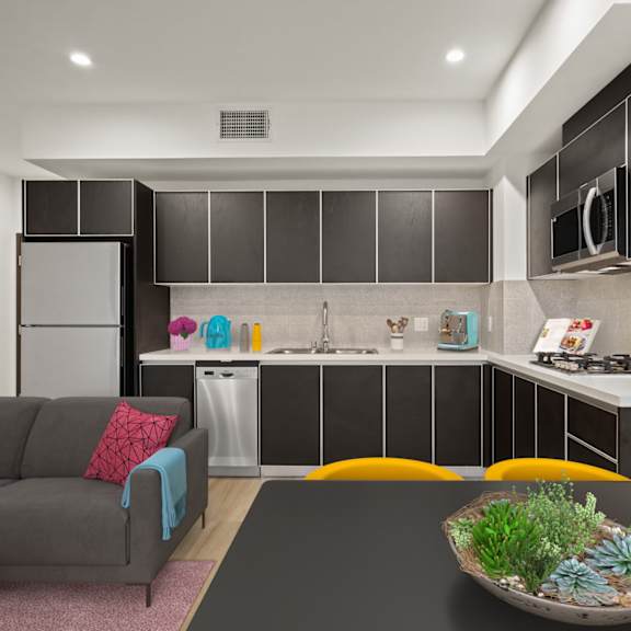 spacious kitchen with pantry cabinet at ogden garden by wiseman, los angeles, california