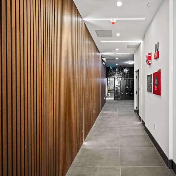hallway leading to mailbox area at ogden garden by wiseman, california, 90036
