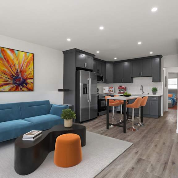 open-concept kitchen, dining, and living room