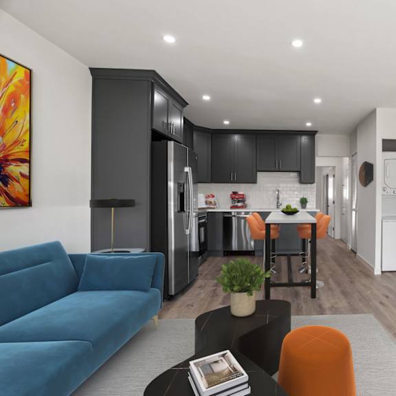 kitchen, dining, and living room with in-suite washer & dryer
