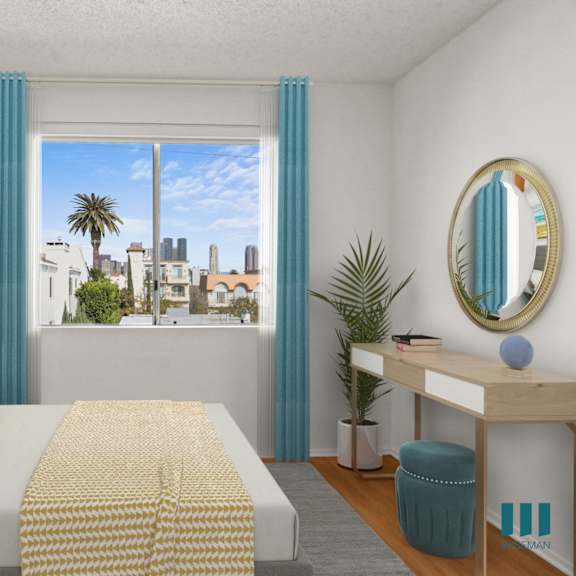 bedroom with vinyl flooring and large-size windows