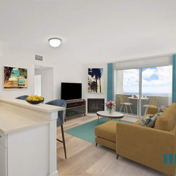 open-concept kitchen, dining, and living room space with patio