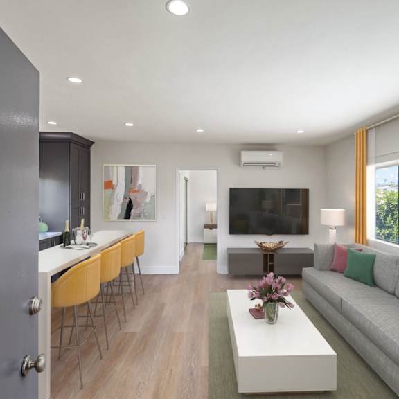 front entrance with open-concept kitchen, dining, and living room